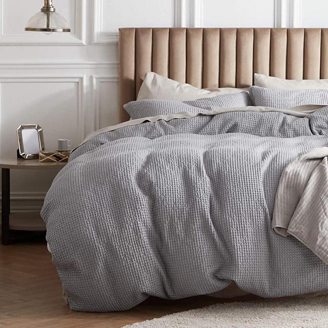 Bedsure 100% Cotton Waffle Weave Duvet Cover Set King Size, 3 Pieces Luxury Comforter Cover, Solid Color Soft and Breathable Bedding Sets for All Seasons, Grey