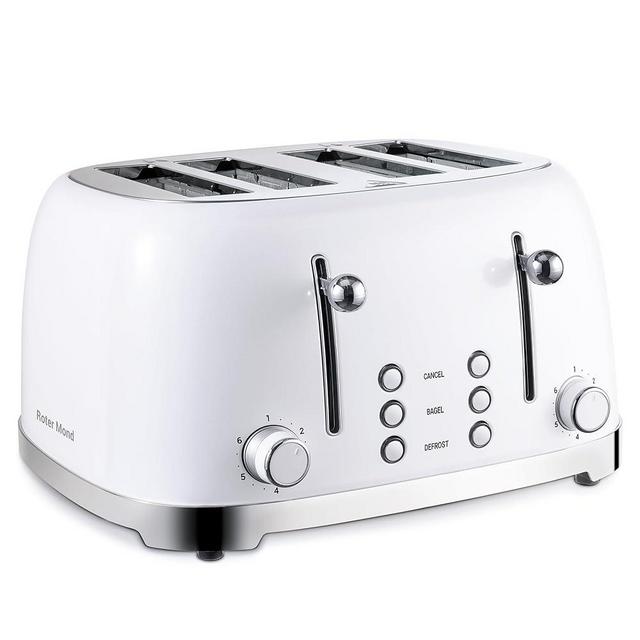 Roter Mond 4 Slice Toaster Retro Stainless Steel Toasters with Bagel Defrost Cancel Function, 6 Browning Settings, Extre Wide Slot, White
