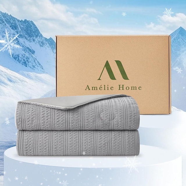 Amélie Home Waffle Cooling Comforter Queen Size, Q-Max 0.45 Reversible Lightweight Cooling Blanket for Hot Sleepers, Breathable Bedding for Night Sweats, 90"x90", Cool Gray