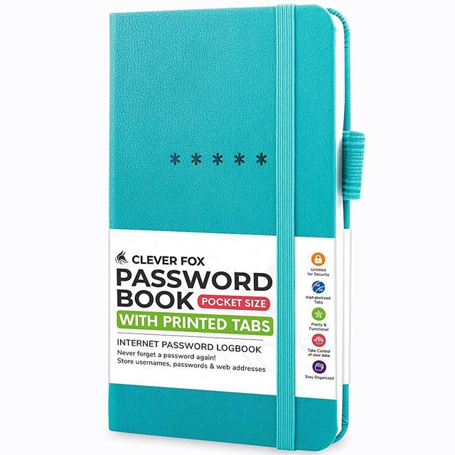 Clever Fox Password Book – Alphabetized Internet Address & Password Organizer - Computer & Website Password Keeper Notebook – Log-in Password Journal – Pocket, 6.2x3.5″, Hardcover (Turquoise)