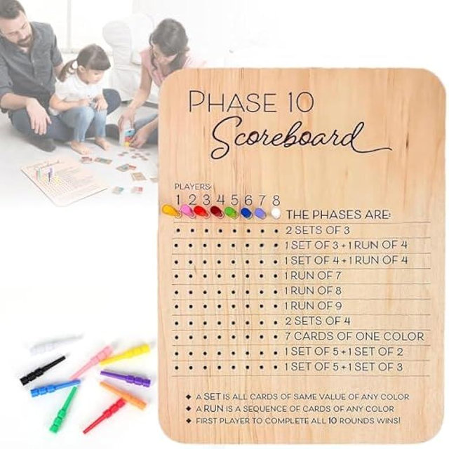Liccaibao Phase 10 Score Board, 2025 New Wooden Phase 10 Scoreboard and Round Tracker with 8 Colored Pegs, Phase 10 Score Sheets, Board Card Games for Party Family Adults