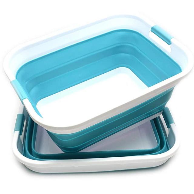 SAMMART Set of 2 Collapsible Plastic Laundry Basket - Foldable Pop Up Storage Container/Organizer - Portable Washing Tub - Space Saving Hamper/Basket (2 Rectangular, Bright Blue)
