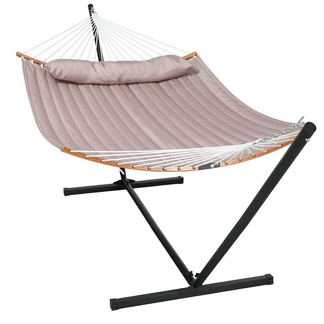 SUNCREAT 55 Inch Large Double Hammock with Stand, 450lbs Capacity, Outdoor Portable Hammock with Curved Bamboo Bar, Extra Large Pillow, Brown