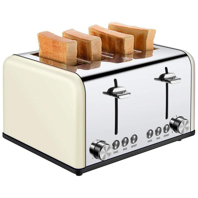 4 Slice Toaster, CUSIBOX Extra Wide Slots Bagel Toaster Stainless Steel with 6 Bread Browning Settings, BAGEL/DEFROST/CANCEL Function, 1650W, Cream