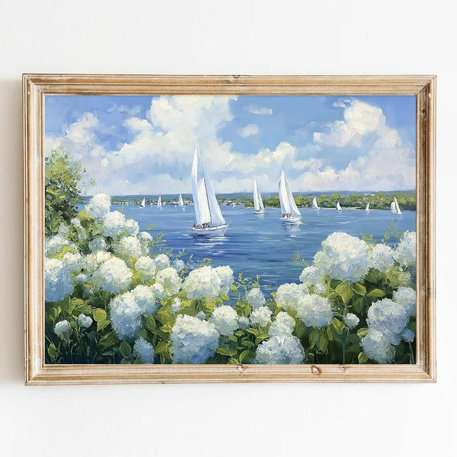Seaside Hydrangea Wall Art Coastal Sailboat Print Nantucket Artwork for Walls Vintage Hydrangea Poster Seascape Landscape Pictures Coastal Beach Paintings Sailboat Artwork 24x16inch No Frame