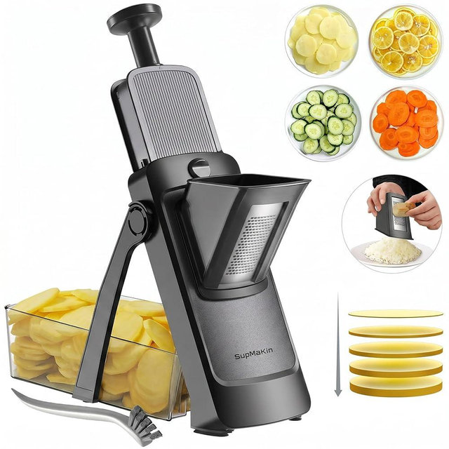 SupMaKin Upgrade Larger Safe Mandoline Slicer with Cheese Grater Potato Slicer for Chips, Vegetable Slicer,Thickness Adjustable 0.1-8 mm, Drain baskets and containers (Only Slicer) Black
