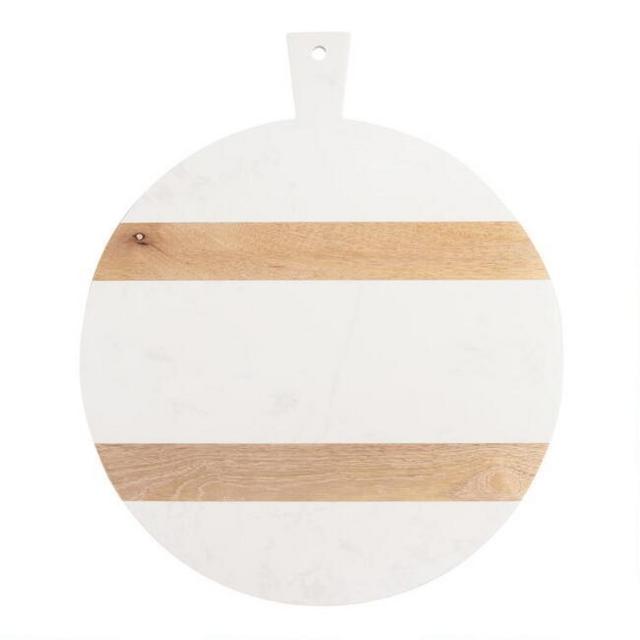 Large Round White Marble and Wood Paddle Cutting Board