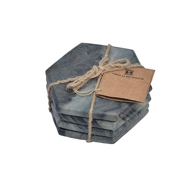Mela Artisans Hexagon Marble Coasters for Drinks, Set of 4 - Hand Crafted Genuine Marble Coaster for Wine Glass, Coffee Cup, Soft Drinks, Water, or Beer - Decorative Sleek Black Marble Coasters