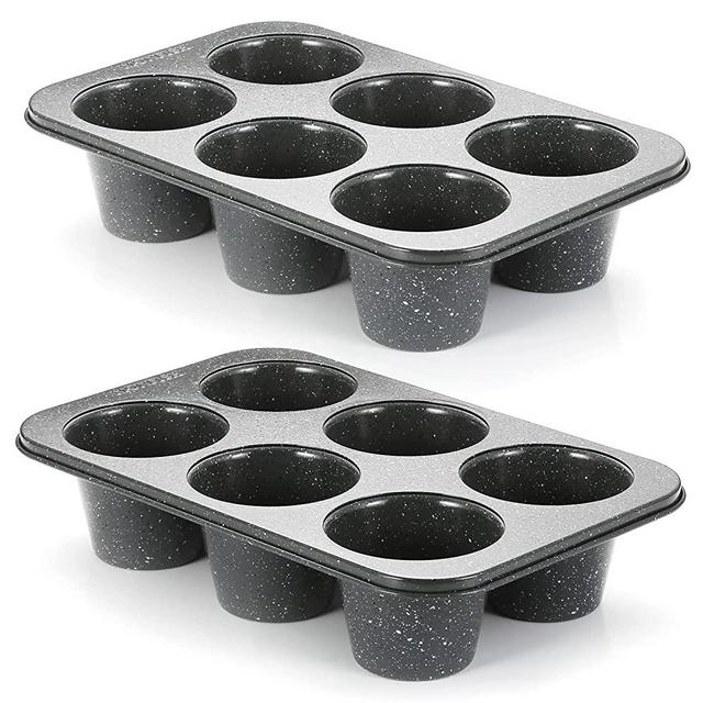 MONFISH 2pcs Jumbo Muffin Pan - 6-Cavity Baking Tray, 3.5x3 Inch Cups - Carbon Steel with Non-Stick Coating - Black Granite Stone Finish - Extra Large Cupcake Tins for Baking (2 deep muffin)