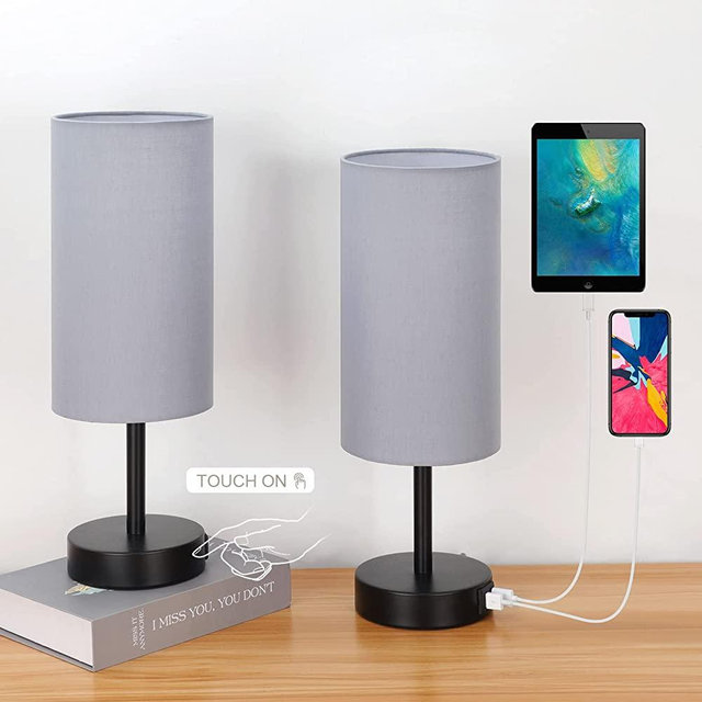 Bedside Lamps with USB Port - Touch Control Table Lamp for Bedroom 3 Way Dimmable Nightstand Lamp Set of 2 with Round Grey Fabric Shade for Living Room, Dorm, Home Office (Grey, 2 Pack)