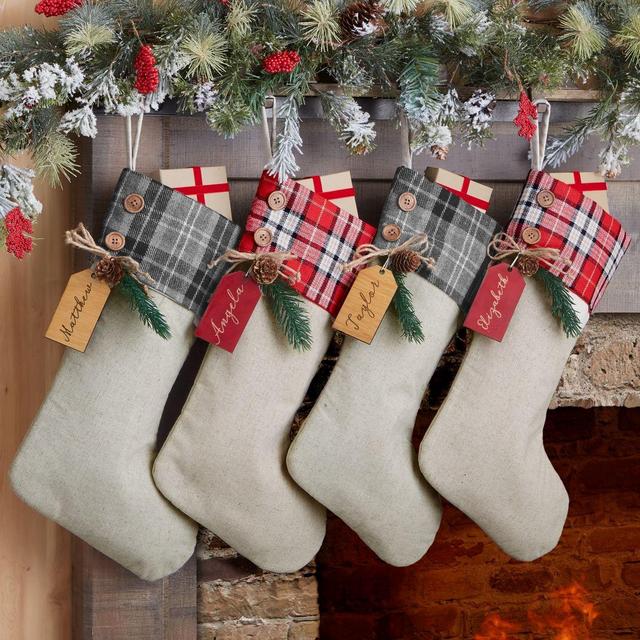 Red Plaid Evergreen Personalized Stocking Tag in Natural