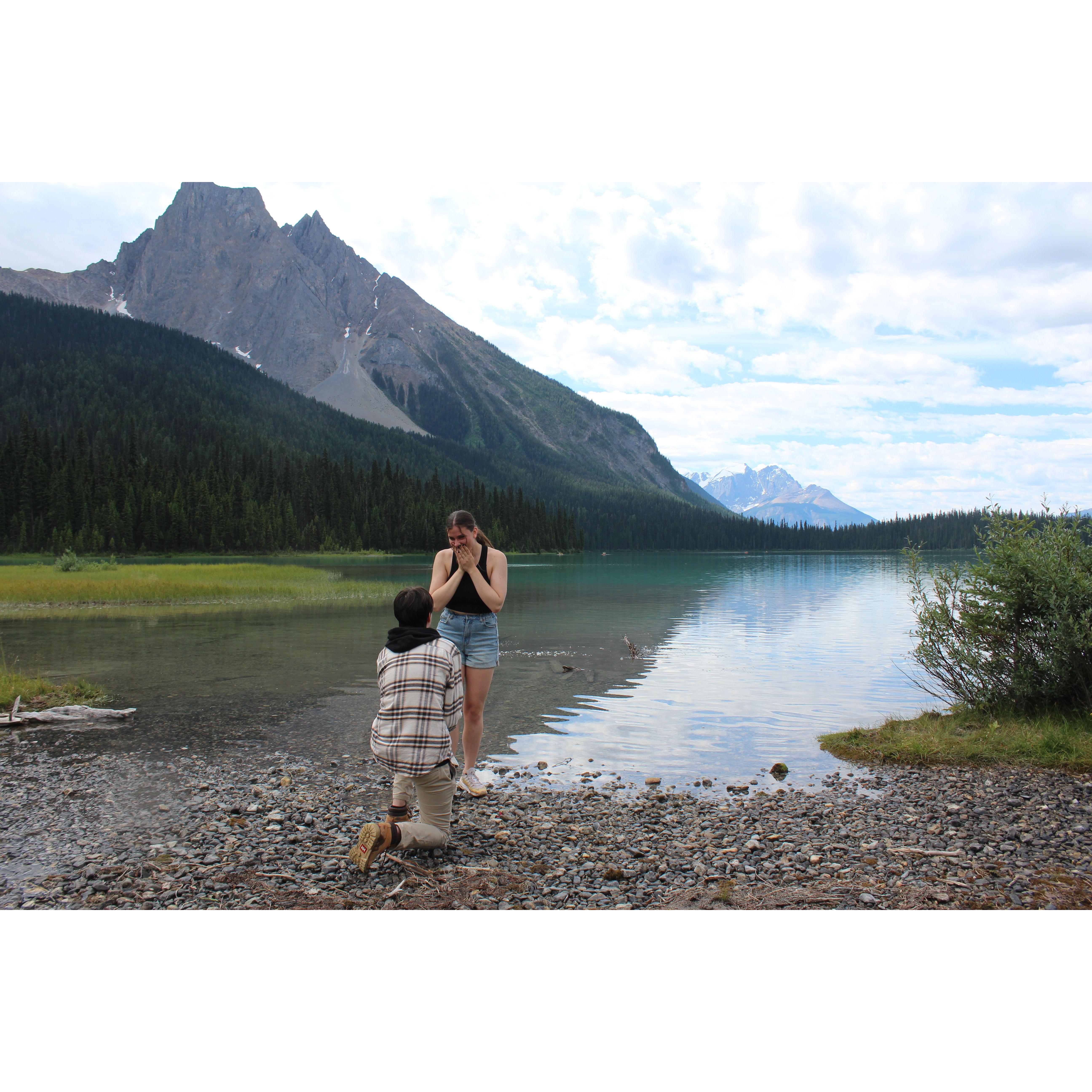 The moment Daniel proposed at Emerald Lake, B.C.