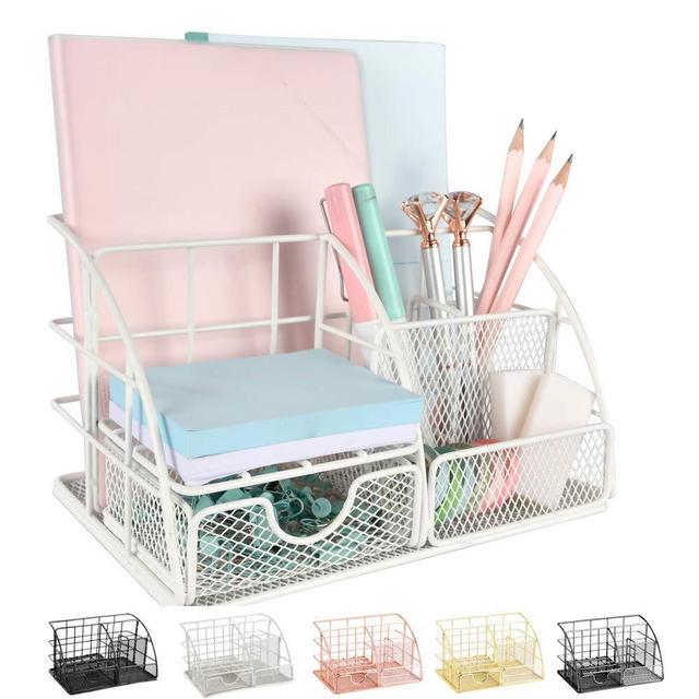 AUPSEN Desk Organizer, Mesh Office Supplies Desk Accessories, Features 5 Compartments + 1 Mini Sliding Drawer(White)
