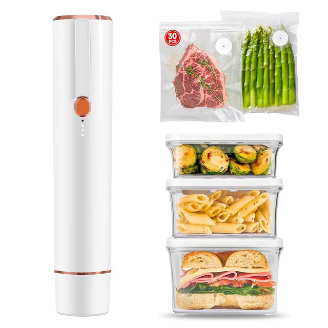 Vixino Vacuum Sealer, Vacuum Sealer for Food Compact Handheld Vac Seal Machine, Seal Meal Saver Portable Food Sealer (Vacuum Sealer Machine + 3 Food Storage Containers + 30 Reusable Bags)