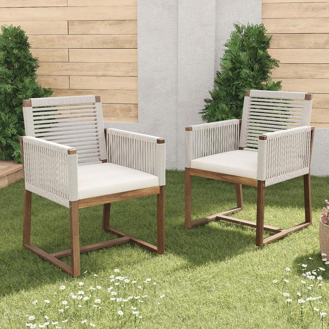 Outdoor Dining Chairs Set of 2, Acacia Wood Patio Armchair with Rope Design Back and Arms and Washable Cushion