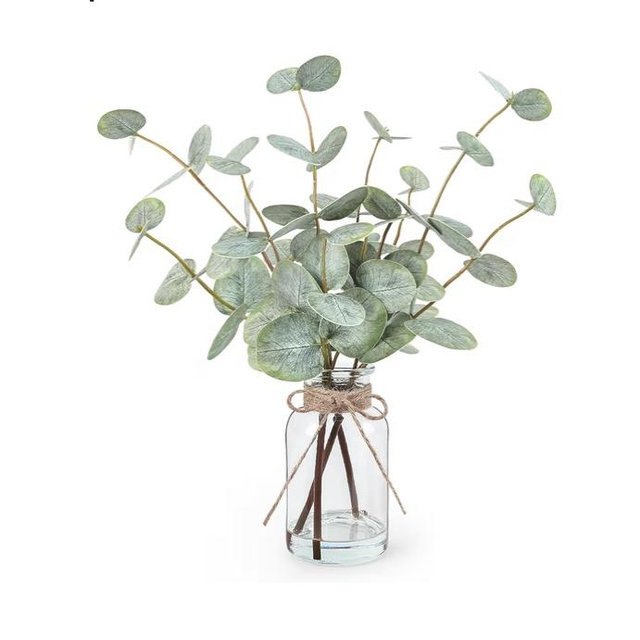 Bessol Artificial Eucalyptus Stems in Glass Vase with Faux Water, 13.5" Fake Plants for Home Decor, Coffee Table Centerpieces, Office, Bathroom & Farmhouse Weddings - Faux Greenery Plants Decorations