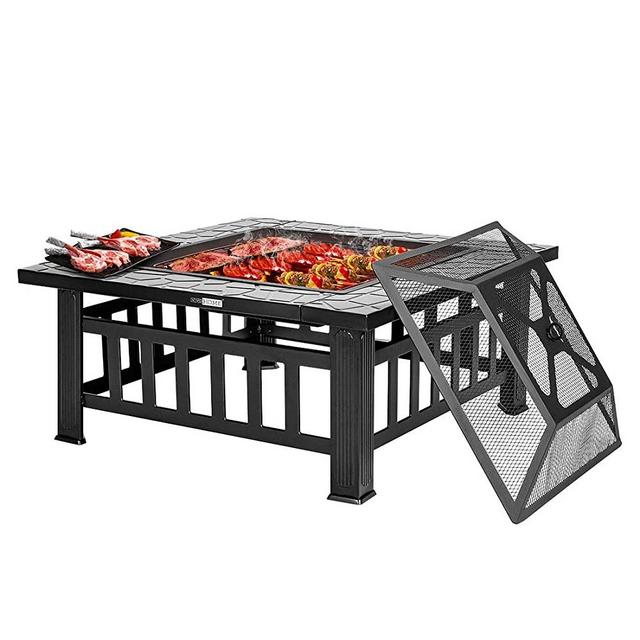 VIVOHOME 32 Inch Heavy Duty 3 in 1 Metal Square Patio Firepit Table BBQ Garden Stove with Spark Screen Cover Log Grate and Poker for Outside Wood Burning and Drink Cooling