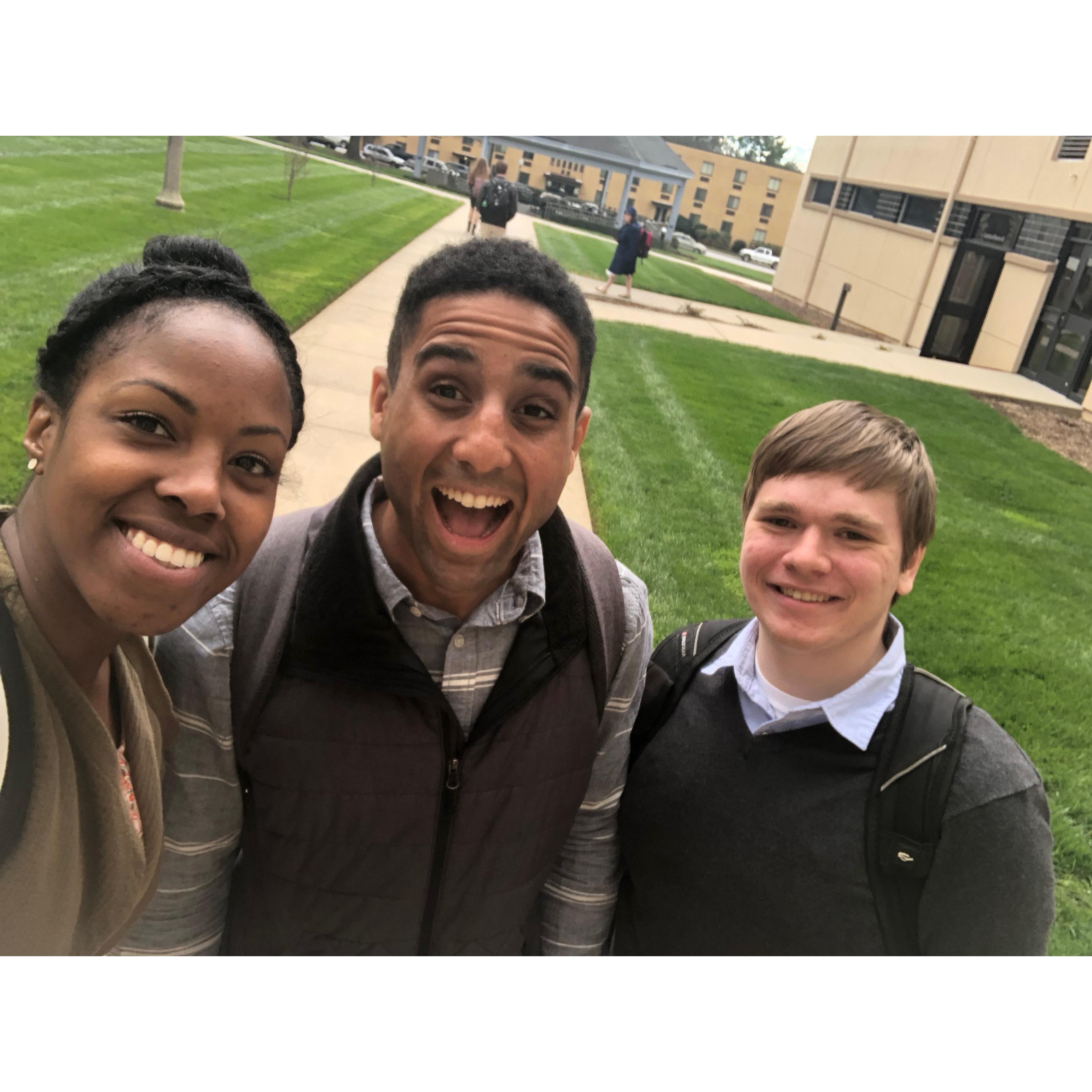 Stephen, Caleb, and Victoria between classes at BJ.