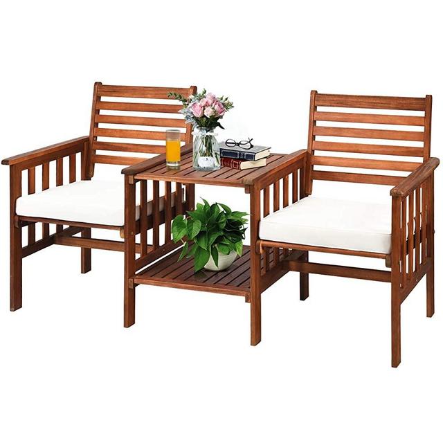 Tangkula Acacia Wood Loveseat, 3pcs Outdoor Table Chairs Set, Patio Conversation Set w/Coffee Table and Soft Cushions, 2.1-inch Umbrella Hole, 2-Seater Furniture Set (White)