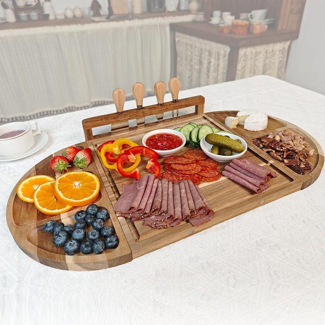 KWASVLYA Large Magnetic Charcuterie Board Set 26x13 Inch - Acacia Wood Cheese & Serving Tray with 4 Color-Coded Cutting Mats, Juice Grooves - Modular Design for No-Mess Entertaining, Wedding Gifts