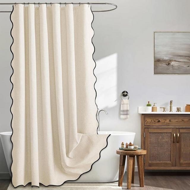 MIULEE Ivory Scalloped Shower Curtain Linen Textured with 12 Metal Hooks Cute Heavy Duty Washable Waterproof Thick Cloth Shower Curtains with Black Border for Bathroom Hotel Bathtub,W72*L72
