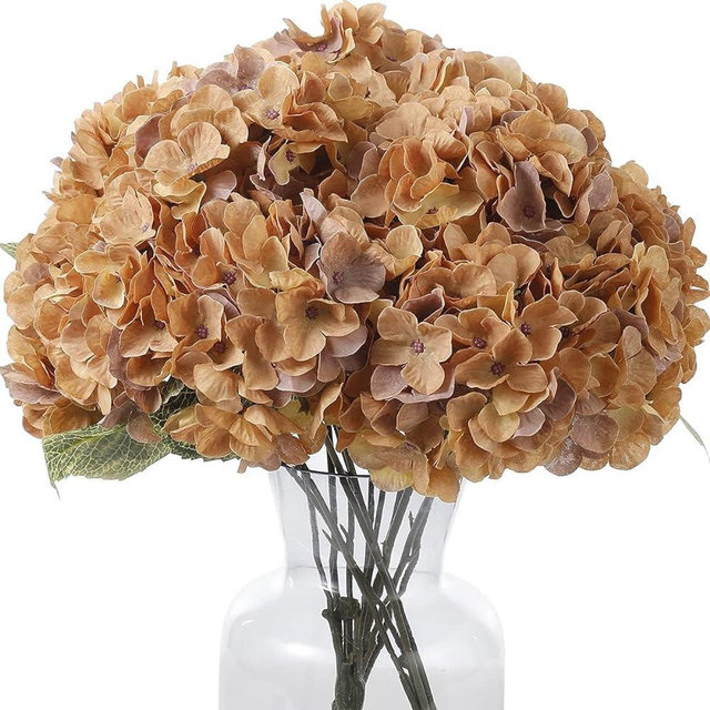 Blooming Paradise Artificial Fake Flowers Plants Silk Hydrangea Arrangements Wedding Bouquets Decorations Plastic Floral Home Kitchen Garden Party Festival Bar DIY (Brown Yellow)