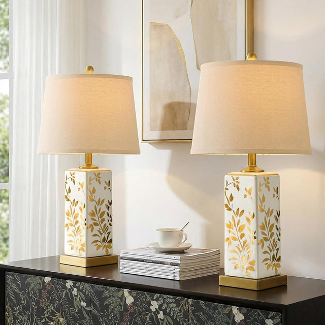 Vortether 24.25" Mid Century Modern Lamp Set of 2, Vintage Farmhouse Chinoiserie Ceramic Table Lamps, Reflective Gold Leaf Pattern Bedside Lamps for Bedroom Living Room Nightstand, White & Gold