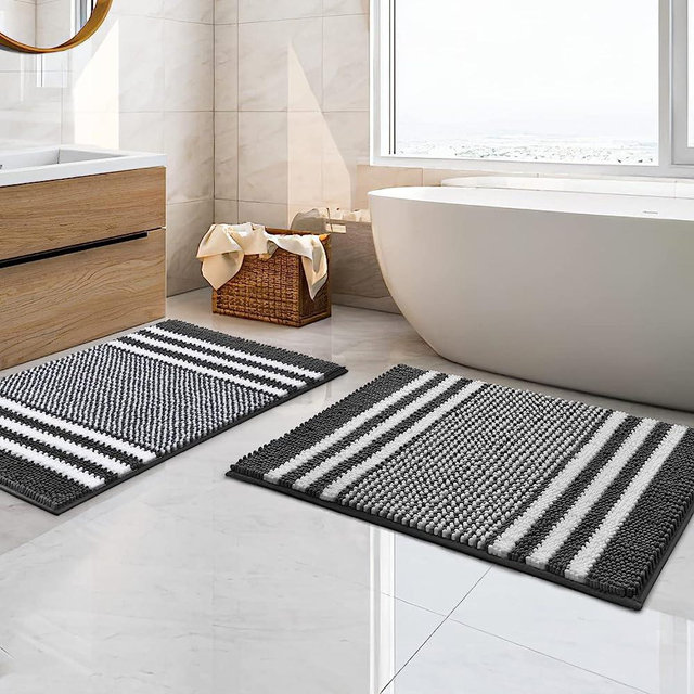Tindbea Bathroom Rugs Set 2 Piece, Extra Soft and Absorbent Fluffy Striped Chenille Bath Mat Rug Set, Non Slip Bathroom Floor Mat, Machine Washable (20" x 32" Plus 20" x 32", Dark Gray)