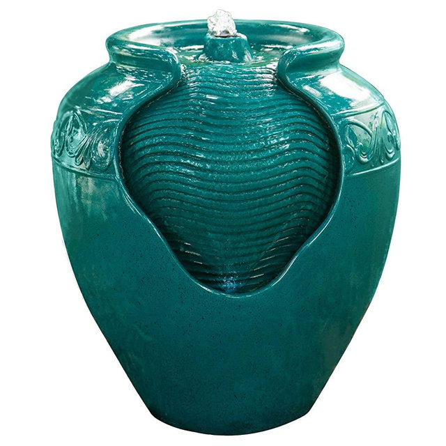 Peaktop Outdoor/Indoor Floor Water Glazed Pot Fountain with Led Light and Pump for Patio Garden Backyard Decking, 17" Height, Teal