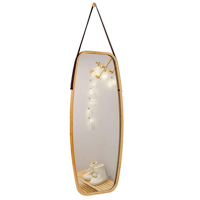 Tangkula Wall Hanging Mirror, Modern Rectangle Full Length Frame Mirror with Rounded Corners and Adjustable Leather Strap, Hanging Wall Mirror for Bedroom Bathroom Living Room (39” X 18”)