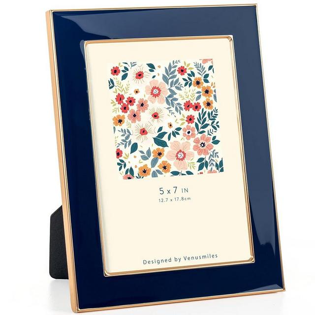 Venusmiles 5x7 Enamel Picture Frame, Gold Metal Edge with Easel, Real Glass Photo Frame for Wall and Tabletop Display Family Office Photo Gallery, Blue Enamel/1pc