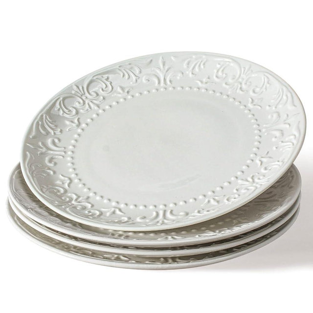 Wareland Large Dinner Plates Set of 4-10.75 Inch Ceramic Plates Embossed Salad Plates Modern White Round Serving Dishes for Kitchen - Microwave, Oven and Dishwasher Safe (Brocade Flower)
