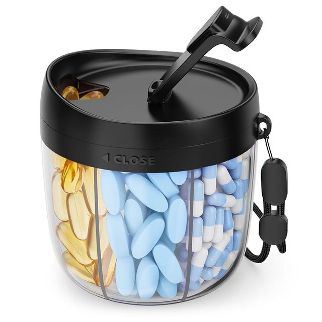 AMOOS Cute Pill Dispenser with 7 Large Compartments, Portable Pill Bottle Organizer with Wide Opening for Easy Use, Anti-Mix Pill Organizer for Travel, BPA-Free Pill Container, Black