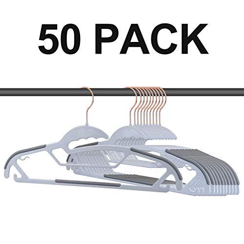 FSUTEG Plastic Hangers Space Saving Clothes Hangers, Upgraded Rubber Stripe Non Slip Coat Hanger, 50 Pack Heavy Duty Plastic Hangers for Clothes Grey