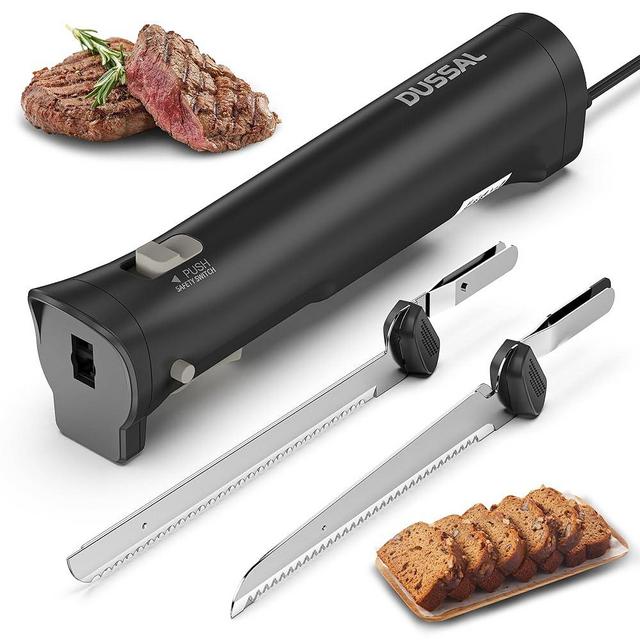 DUSSAL Electric Knife, Electric Bread Knife with 4 Stainless Steel Blades, Safety Lock Switch, Blade Release Buttons, On/Off button, Carving Meats, Fish, Poultry, Bread, Cheese & More (Black)