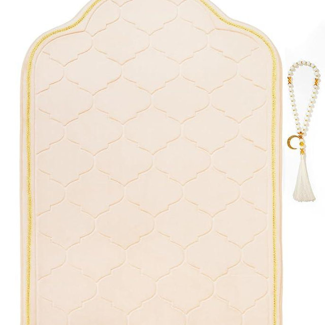YAZEIN Muslim Prayer Rug with Tasbih Prayer Beads, Soft Memory Foam Prayer Matt Islam, Padded Islamic Prayer Mat Thick for Men and Women, Janamaz, Sajadah (25.6" x 43.3", Beige)