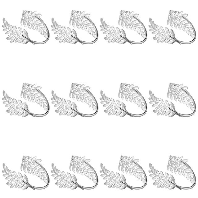 Leaf Napkin Rings Set of 12 Stainless Steel Gold Napkin Holder Metal Napkin Ring for Dinner Party Wedding Banquet Buffet Table (Silver, Set of 12)