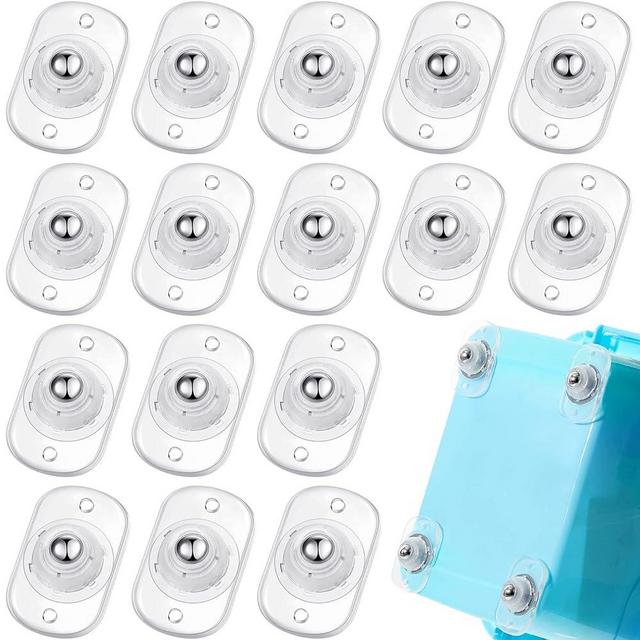 Self Adhesive Caster Wheels Mini Swivel Wheels Stainless Steel Paste Universal Wheel 360 Degree Rotation Sticky Pulley for Bins Bottom Storage Box Furniture Trash Can (16 Pieces,Clear)