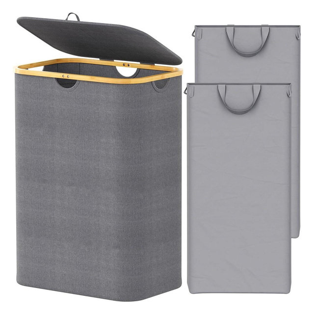 Laundry Hamper 2-compartment with 2 Removable Bags, 160L Collapsible Basket with Lid and Bamboo Handles – SpaceAid