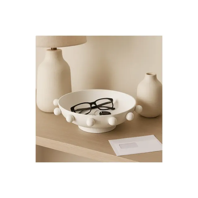 Modern Round Bowl with Knobs for Coffee Table Decor - Decorative Centerpiece Table Decorations for Home Decor Accents - 4.25", White