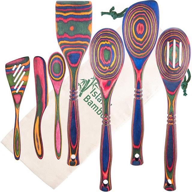 Island Bamboo Exotic Pakkawood 7-Piece Kitchen Utensil Set with Gift Bag, Spoon, Slotted Spoon, Spatula, Corner Spoon, Small Spoon, Small Spatula, Spreader - Heat Resistant & Non-Stick Utensils