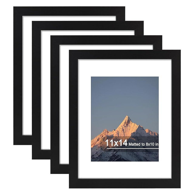 SZYUU 11x14 Picture Frame Set of 4, High Definition Real Glass, Display Pictures 8x10 with Mat or 11x14 Without Mat, Gallery Wall Hanging Photo Frames, Black
