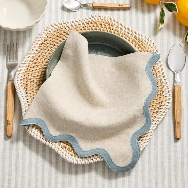 European Linen Scallop Edge Napkins (Set of 12) in Flax/Dusty Blue