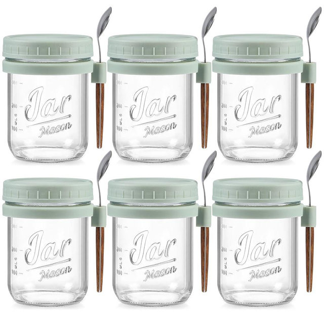 LANDNEOO 6 Pack Overnight Oats Containers with Lids and Spoons, 16 oz Glass Mason Overnight Oats Jars, Large Capacity Airtight Jars for Milk, Cereal, Fruit(Green)
