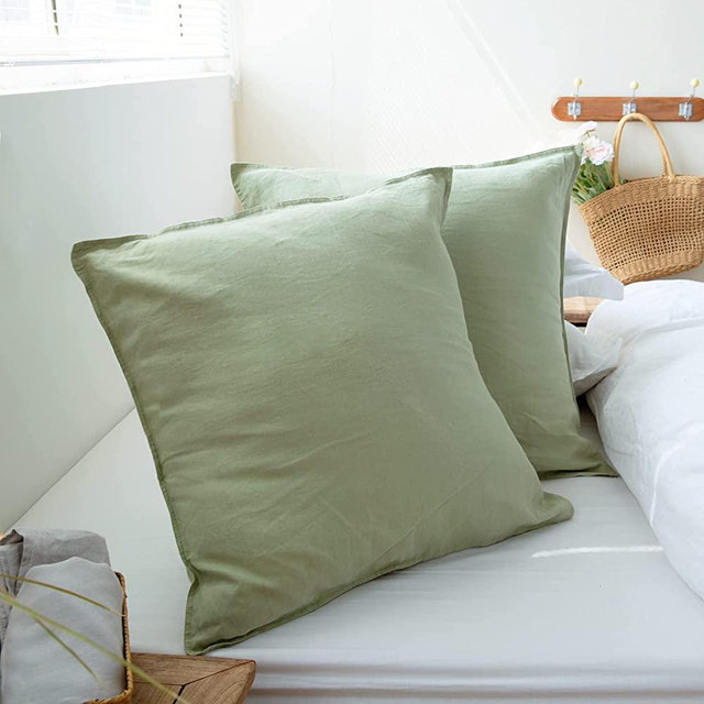 Simple&Opulence 100% Washed Linen Euro Shams Basic Style (26'' x 26'') - Pack of 2 - Solid Color Pillow Shams Natural Flax Square Throw Pillow Covers - Sage Green