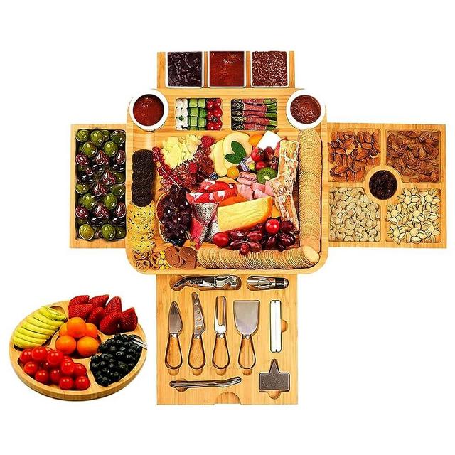 4-Sided Charcuterie Board Set - Cheese Board Set with Cutlery in Slide-Out Drawer - Bamboo Cheese Board - Gift for Birthdays, Wedding Registry, Anniversary Unique Housewarming
