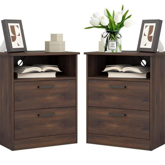 Night Stand Set 2 with Charger Station, Modern Nightstand with USB Type-C Ports and AC Outlets, Large Bedside Table with 2 Drawers and Open Storage, Wooden End Table for Bedroom, Brown