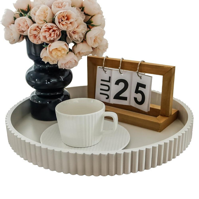 Hodeframe Round Decorative Tray for Coffee Table Decor, 11.8in Cream White Decorative Serving Tray for Kitchen Counter,bandejas decorativas, Wooden Serving Tray for Party