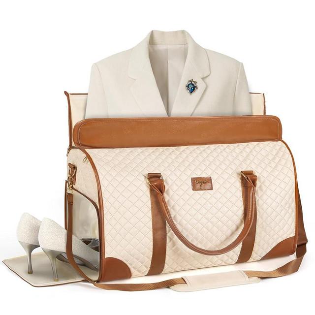 Tonyeee Convertible Carry On Garment Bag for Women, Large Waterproof PU Leather Duffel Bag with Shoe Pouch, 2 in 1 Hanging Suitcase for Travel, Beige