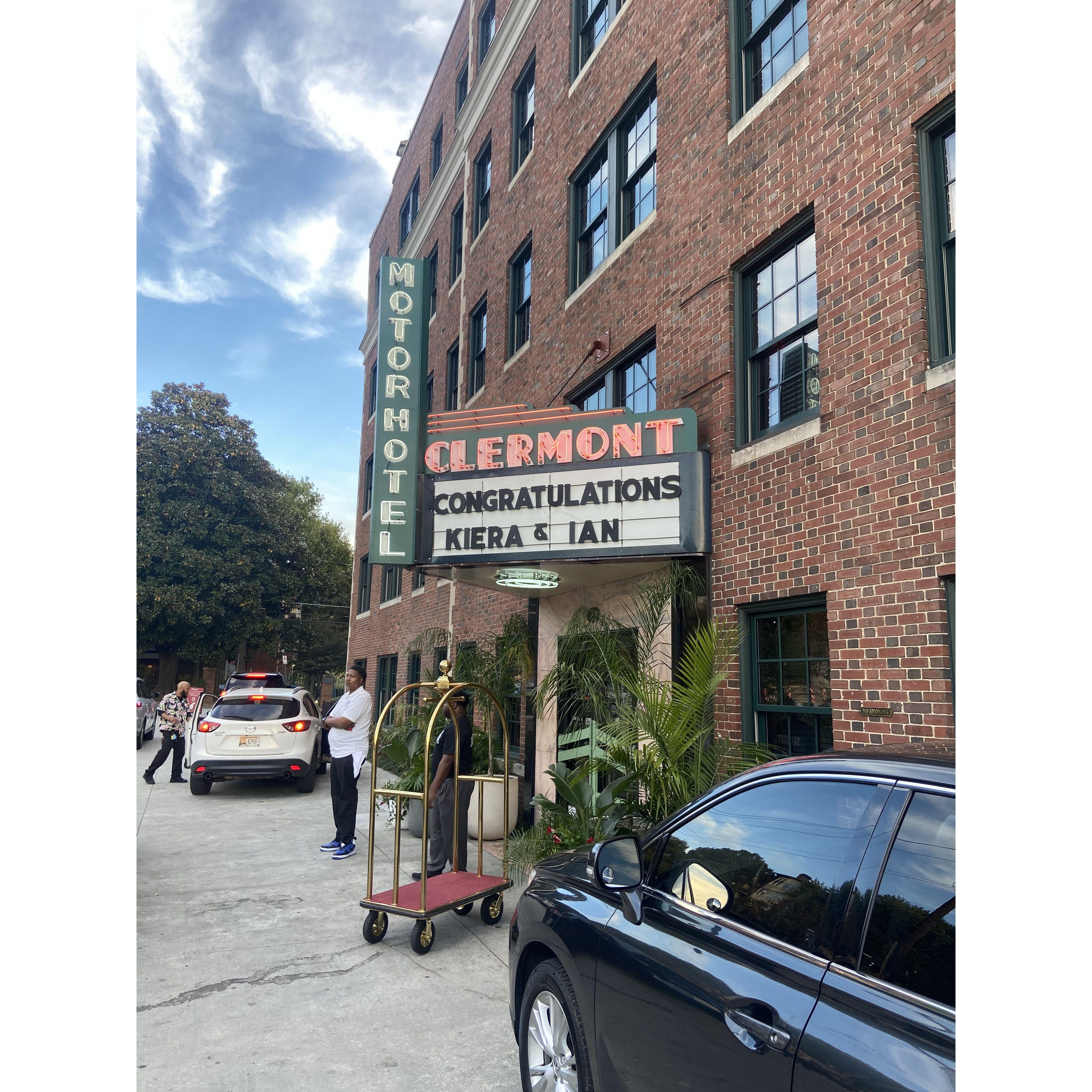 Claremont Hotel marquee sign where our surprise engagement party was at!